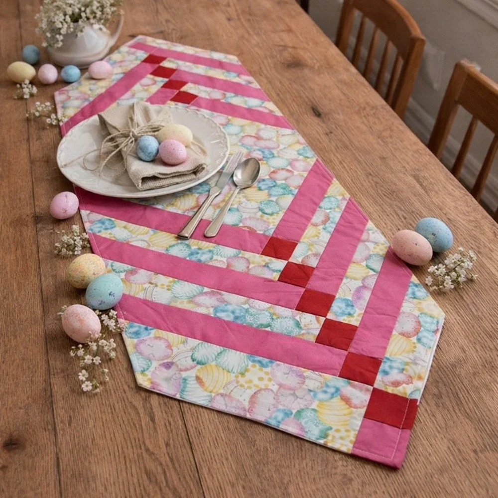 Handmade Easter Table Runner Quilted Patchwork Pink Red Egg‎ Print 46 inches